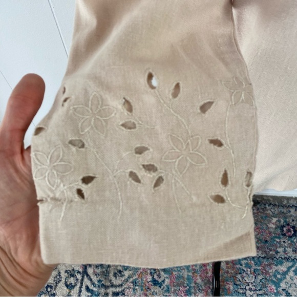 Laura Scott Linen Blend 3/4 Sleeve Chore Coat Sz 14 Beige Embroidered Cut Out - Picture 7 of 11